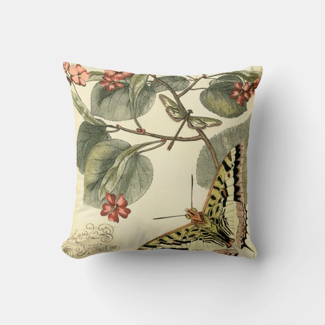Butterfly and Dragonfly with Red Flowers Throw Pillow (Front)
