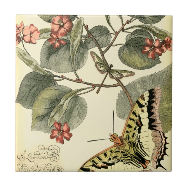 Butterfly and Dragonfly with Red Flowers Tile (Front)