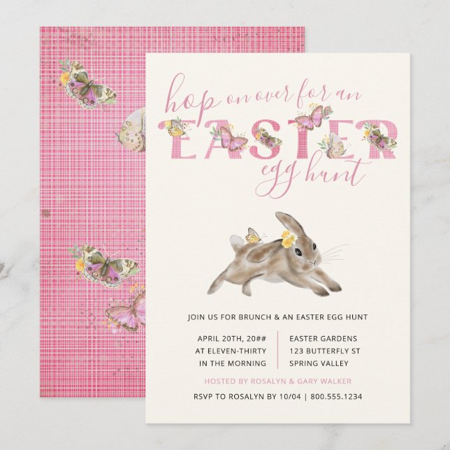 Butterfly and Easter Bunny Brunch and Egg Hunt Invitation (Front/Back)