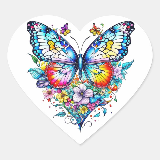 Butterfly and Floral Heart  Heart Sticker (Front)