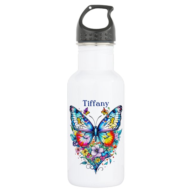 Butterfly and Floral Heart Personalized 532 Ml Water Bottle (Front)