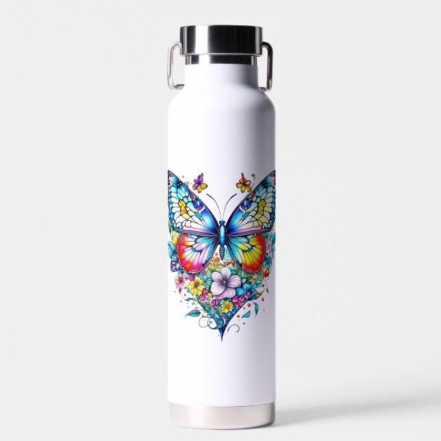 Butterfly and Floral Heart Personalized Water Bottle (Front)