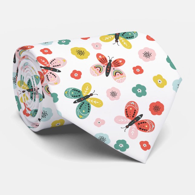 Butterfly And Floral Pattern  Tie (Rolled)