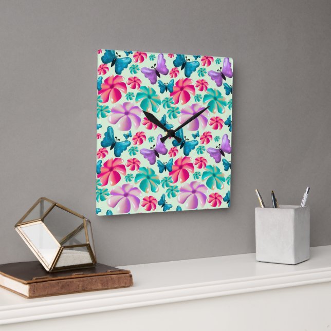 Butterfly and Flower Aesthetic pattern  Square Wall Clock (Office)