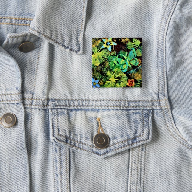 Butterfly and Flower Rodilius Badge 2 Inch Square Button (In Situ)