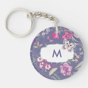 Butterfly and Flowers Custom Monogram Gift Keychain