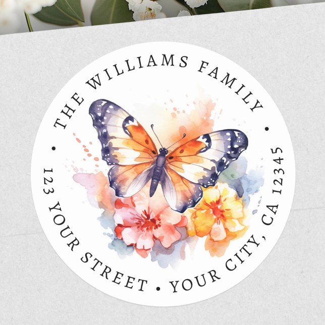 Butterfly and flowers painting return address classic round sticker (Butterfly and flowers painting return address classic round sticker)