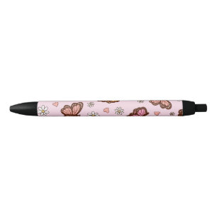 Butterfly and flowers seamless pattern black ink pen