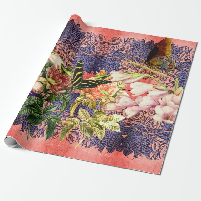 BUTTERFLY AND FLOWERS Wrapping Paper (Unrolled)
