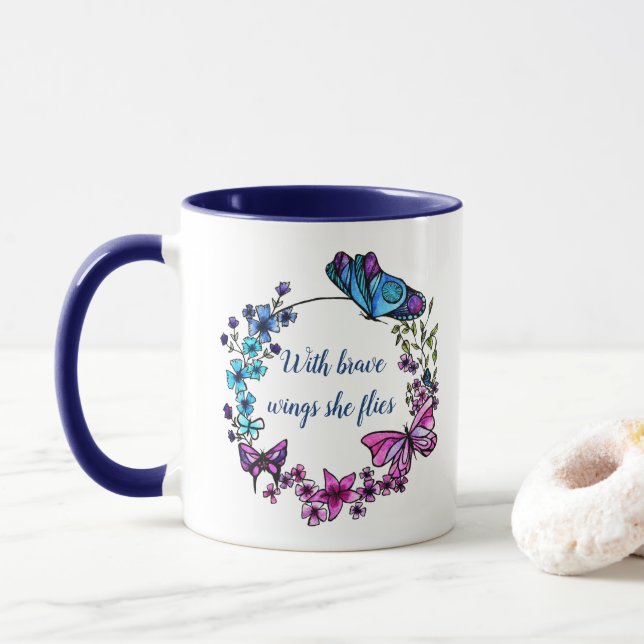 Butterfly and Flowers Wreath custom quote and name Mug (With Donut)