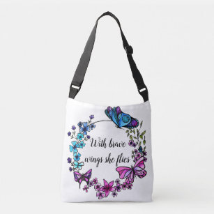 Butterfly and Flowers Wreath custom quote or name Crossbody Bag