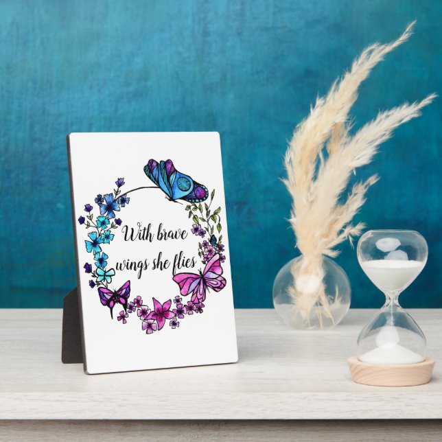 Butterfly and Flowers Wreath custom quote or name Plaque (Side)