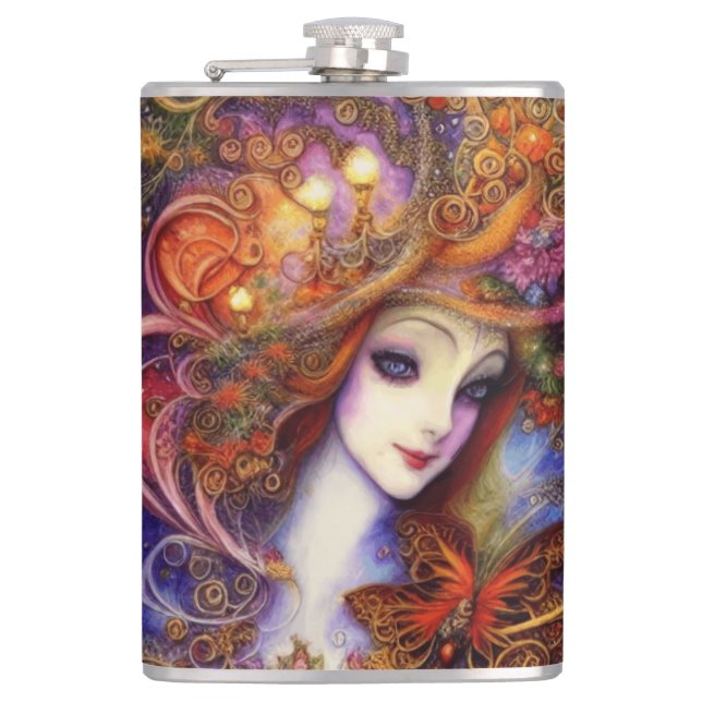 Butterfly And Garden Goddess In Watercolor Blues Hip Flask (Front)