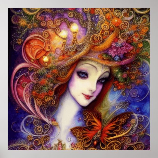 Butterfly And Garden Goddess In Watercolor Blues Poster (Front)