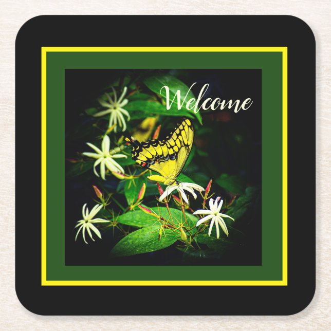 "Butterfly and Jasmine" Square Paper Coaster (Front)