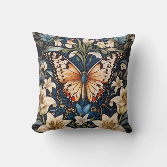 Butterfly and Lilies Botanical Throw Pillow (Front)