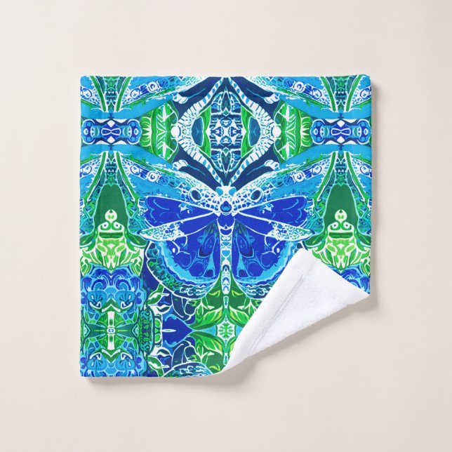 Butterfly and Medallion Batik Pattern in Blue Bath Towel Set (Wash Cloth)
