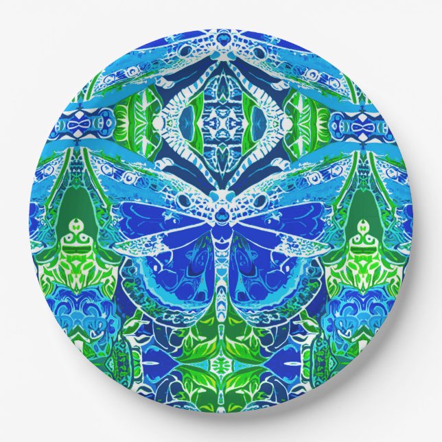 Butterfly and Medallion Batik Pattern in Blue Paper Plate (Front)