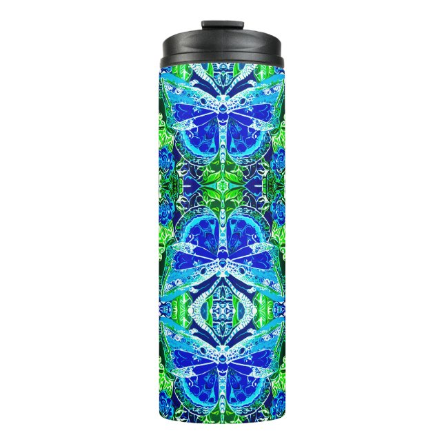 Butterfly and Medallion Batik Pattern in Blue Thermal Tumbler (Front)
