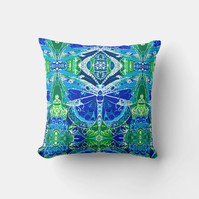 Butterfly and Medallion Batik Pattern in Blue Throw Pillow (Front)