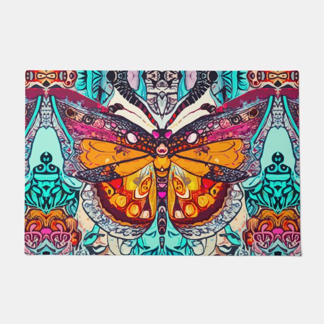 Butterfly and Medallion Batik Pattern in Orange Doormat (Front)