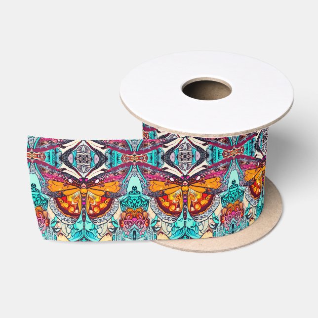 Butterfly and Medallion Batik Pattern in Orange Satin Ribbon (Spool)
