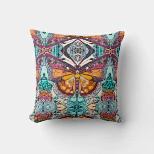 Butterfly and Medallion Batik Pattern in Orange Throw Pillow