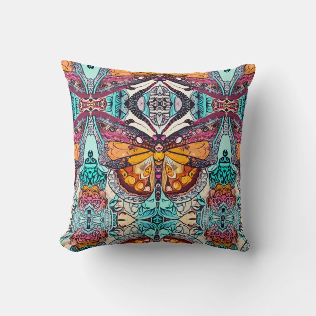 Butterfly and Medallion Batik Pattern in Orange Throw Pillow (Front)