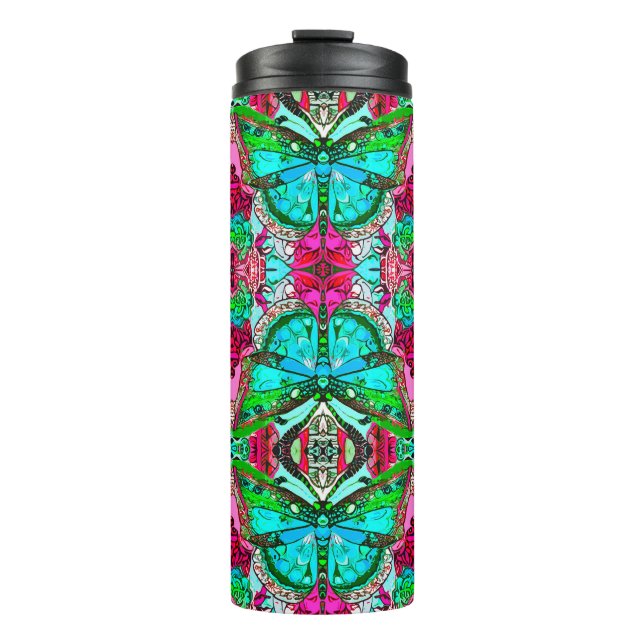 Butterfly and Medallion Batik Pattern in Turquoise Thermal Tumbler (Front)