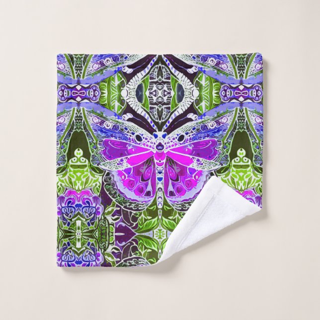 Butterfly and Medallion Batik Pattern in Violet  Bath Towel Set (Wash Cloth)