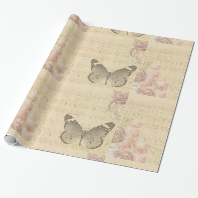 Butterfly and Music Notes Wrapping Paper (Unrolled)