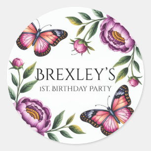 Butterfly and Peony Girls 1st. Birthday Party Classic Round Sticker