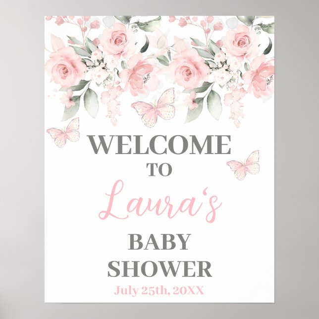 Butterfly and pink Floral Baby Shower Welcome sign (Front)