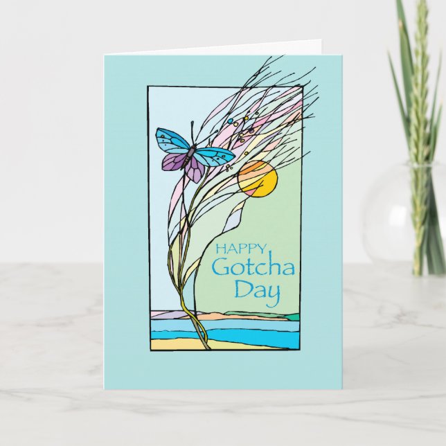Butterfly and Sun Gotcha Day, Adoption, Teal Card (Front)