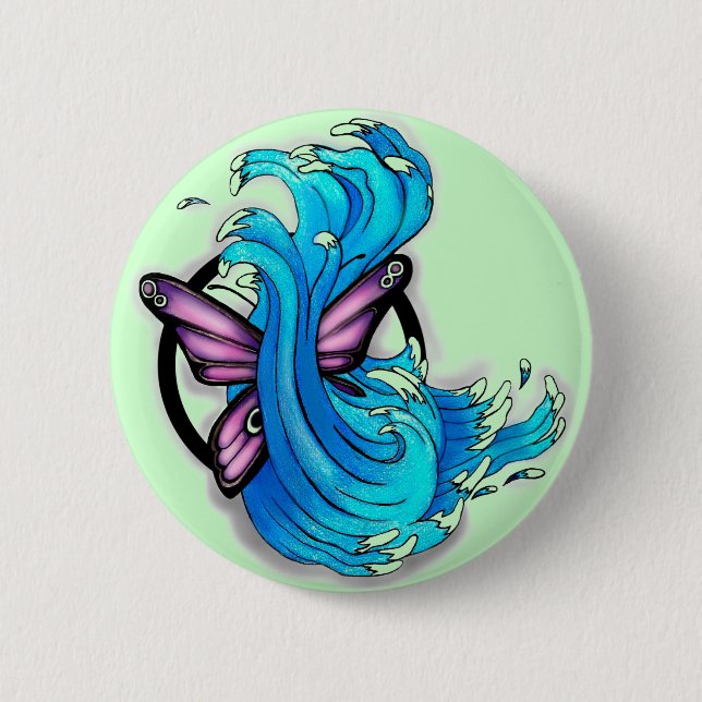 Butterfly and waves 2 inch round button (Front)