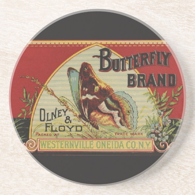 Butterfly Antique Advertising Label Coaster (Front)