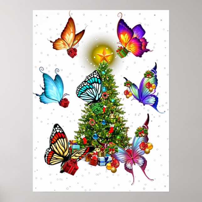 butterfly around christmas tree butterflies xmas  poster (Front)