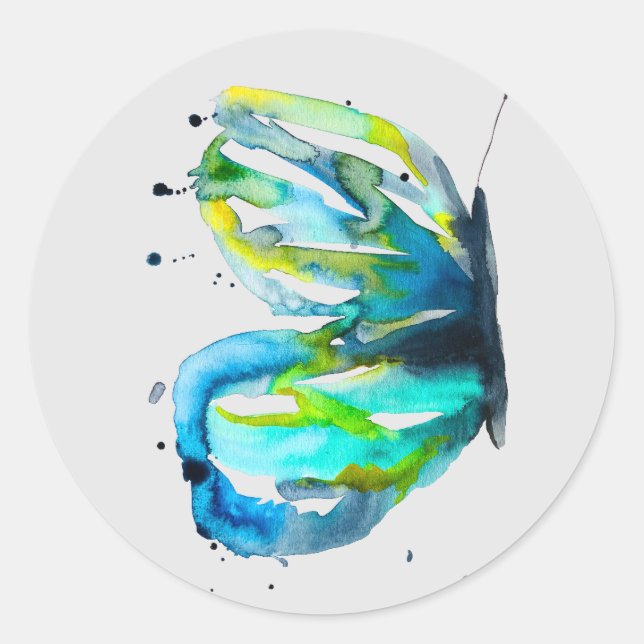 Butterfly art watercolor blue classic round sticker (Front)