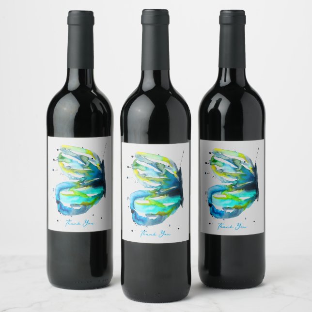 Butterfly art watercolor blue wine label (Bottles)