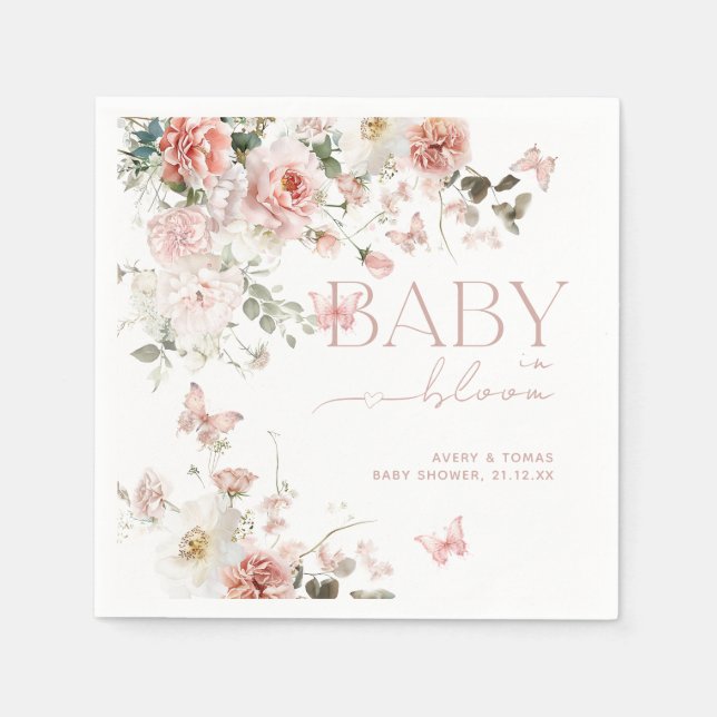 Butterfly Baby in Bloom Pink Floral Baby Shower  Napkin (Front)