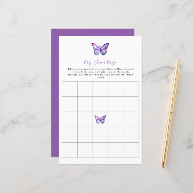 Butterfly Baby Shower Bingo Game Elegant Script  (Front/Back In Situ)