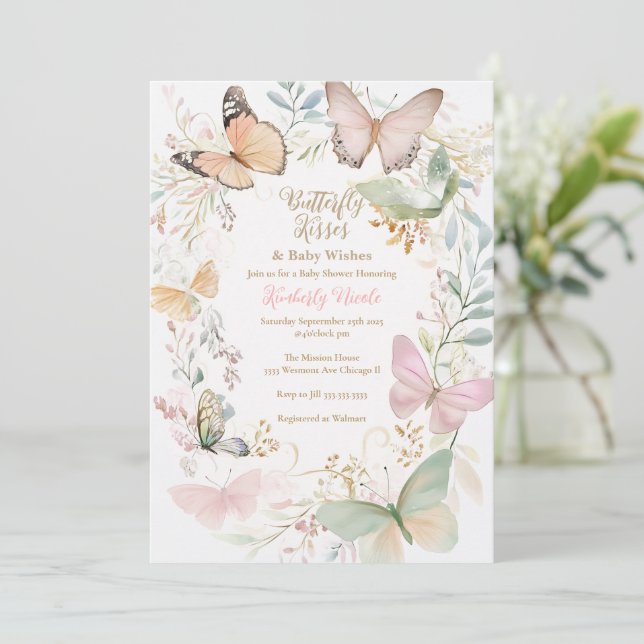 Butterfly baby shower butterfly kisses baby shower invitation (Standing Front)