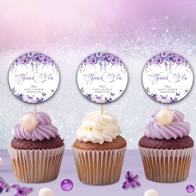 Butterfly Baby Shower Elegant Purple Floral Classic Round Sticker (Creator Uploaded)