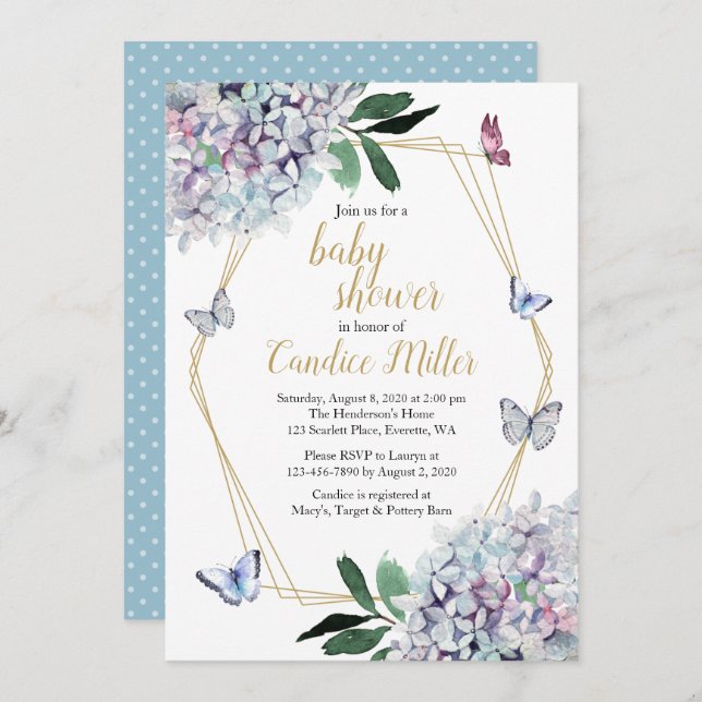 butterfly baby shower hydrangea floral garden invitation (Front/Back)