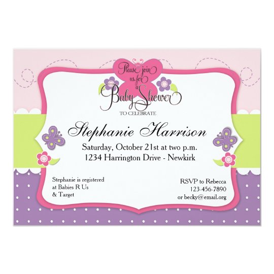 Butterfly Baby Shower in Purple Pink and Green Card