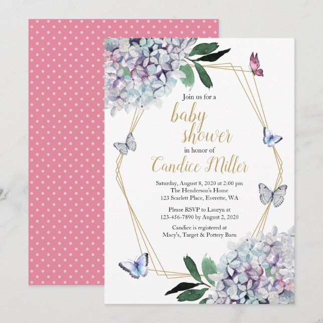 butterfly baby shower invitation pink hydrangea (Front/Back)