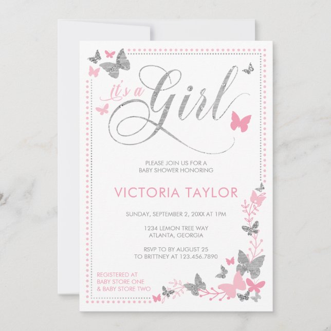Butterfly Baby Shower Invitation, Pink, Silver Invitation (Front)