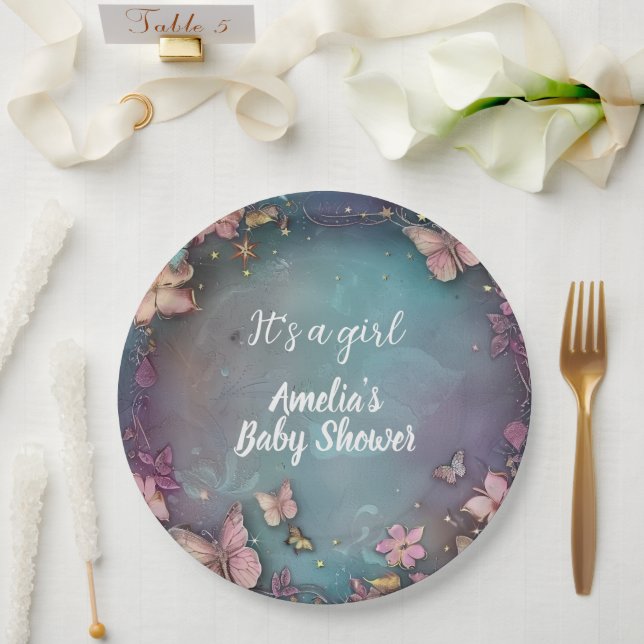 Butterfly Baby Shower Purple  Paper Plate (Wedding)