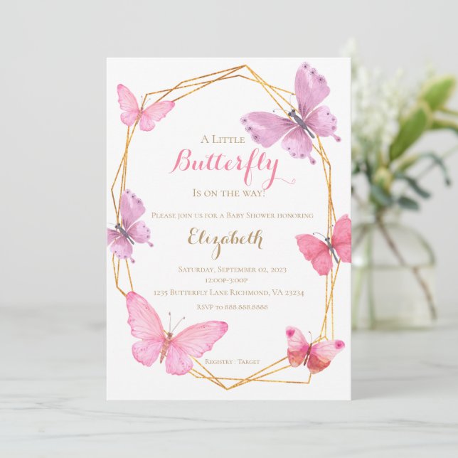 Butterfly BabyShower invitation pink purple (Standing Front)