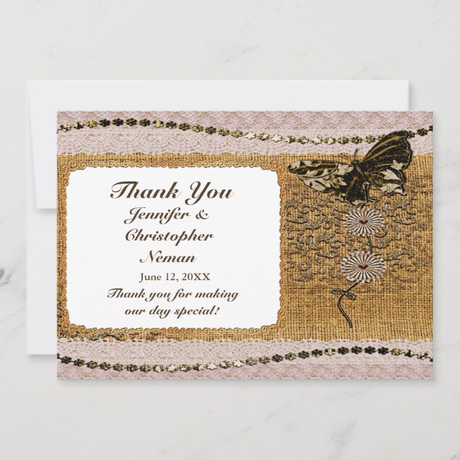 Butterfly, Beads, Lace & Burlap Thank You Card (Front)